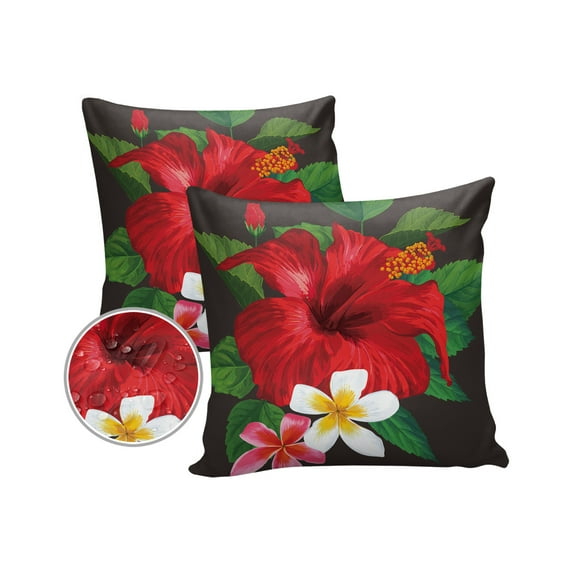 Pack of 2 Outdoor Pillow Covers, Red Hibiscus Flowers Waterproof Square Throw Pillowcase Cushion Decorative Pillow Covers for Couch Patio Tent, 16x16 in