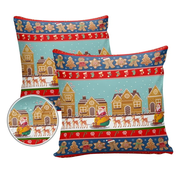 Pack of 2 Outdoor Pillow Covers, Reindeer Pull Santa Gingerbread Man and Candy Waterproof Square Throw Pillowcase Cushion Decorative Pillow Covers for Couch Patio Tent, 18x18 in