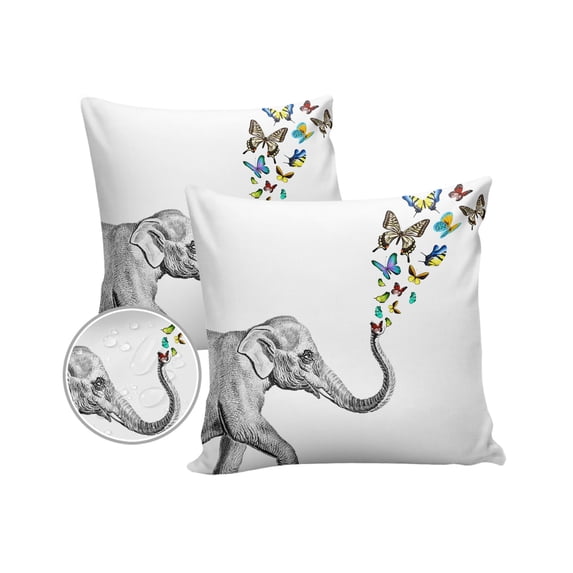 Pack of 2 Outdoor Pillow Covers, Retro Elephant and Butterfly Animal Pattern Waterproof Square Throw Pillowcase Cushion Decorative Pillow Covers for Couch Patio Tent, 20x20 in