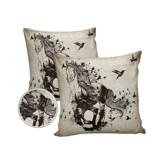 Pack of 2 Outdoor Pillow Covers, Running Horse Animal Retro Newspaper Pattern Waterproof Square Throw Pillowcase Cushion Decorative Pillow Covers for Couch Patio Tent, 24x24 in