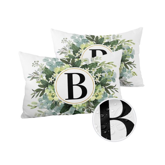 Pack of 2 Outdoor Pillow Covers, Rustic Eucalyptus Leaves Wreath Monogram Letter B Waterproof Square Throw Pillowcase Cushion Decorative Pillow Covers for Couch Patio Tent, 20x12 in