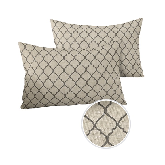 Pack of 2 Outdoor Pillow Covers, Rustic Moroccan Geometric Quatrefoil Gray Lattice Waterproof Square Throw Pillowcase Cushion Decorative Pillow Covers for Couch Patio Tent, 20x12 in