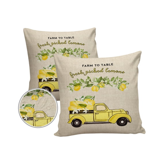 Pack of 2 Outdoor Pillow Covers, Rustic Truck with Yellow Lemon Wooden Board Waterproof Square Throw Pillowcase Cushion Decorative Pillow Covers for Couch Patio Tent, 26x26 in