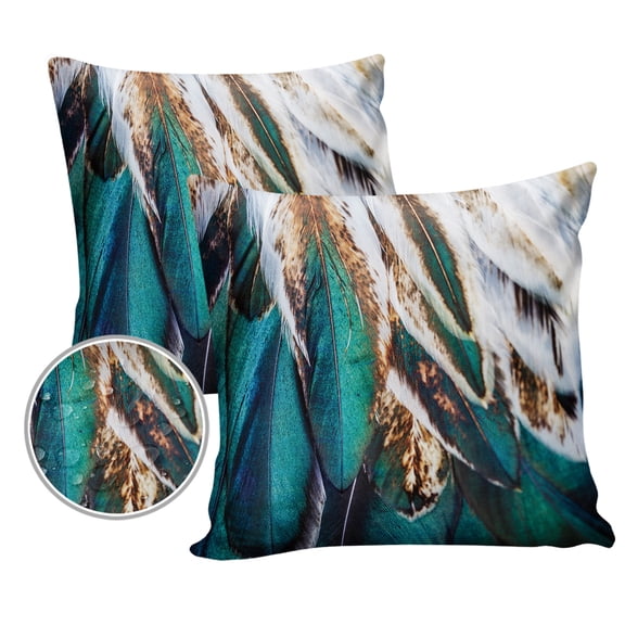 Pack of 2 Outdoor Pillow Covers, Rustic Vintage Wood Grain Board Brown Peacock Feather Waterproof Square Throw Pillowcase Cushion Decorative Pillow Covers for Couch Patio Tent, 18x18 in