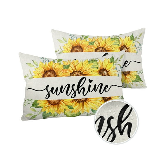 Pack of 2 Outdoor Pillow Covers, SUNSHINE Yellow Sunflowers Burlap Texture Waterproof Square Throw Pillowcase Cushion Decorative Pillow Covers for Couch Patio Tent, 20x12 in