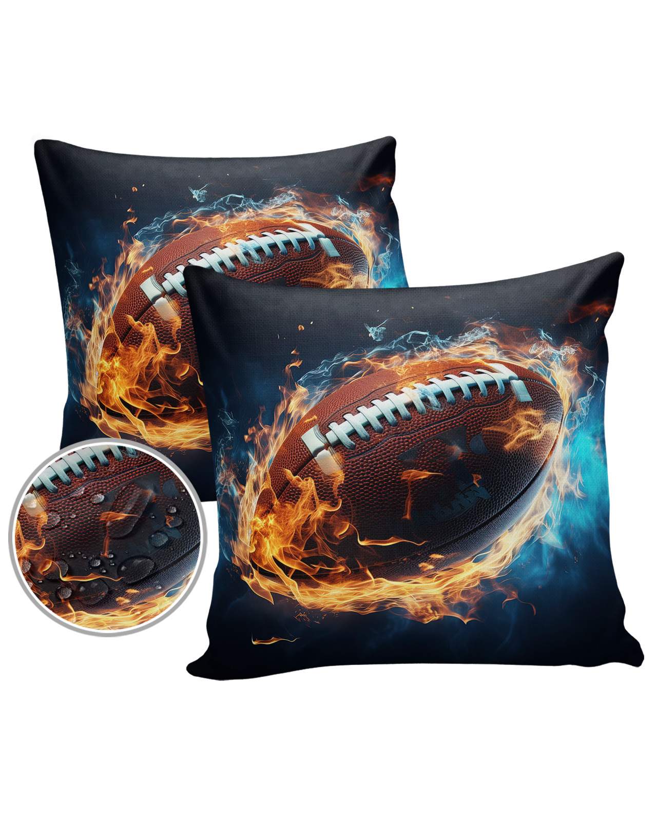 Pack of 2 Outdoor Pillow Covers, Sport Football with Fire Waterproof Square Throw Pillowcase Cushion Decorative Pillow Covers for Couch Patio Tent, 16x16 in