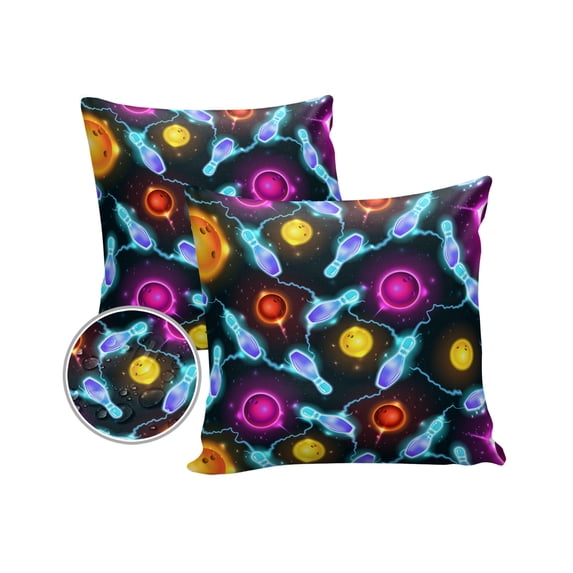 Pack of 2 Outdoor Pillow Covers, Sports Theme Bowling Ball Stars Black Waterproof Square Throw Pillowcase Cushion Decorative Pillow Covers for Couch Patio Tent, 18x18 in