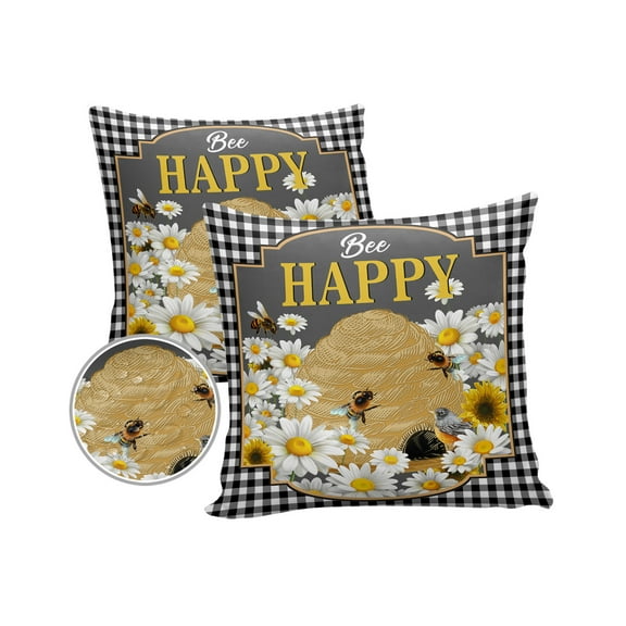 Pack of 2 Outdoor Pillow Covers, Spring Bee White Daisy Black Plaid Waterproof Square Throw Pillowcase Cushion Decorative Pillow Covers for Couch Patio Tent, 16x16 in