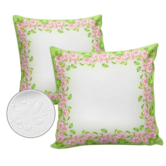 Pack of 2 Outdoor Pillow Covers, Spring Cherry Blossoms Pattern Green Background Waterproof Square Throw Pillowcase Cushion Decorative Pillow Covers for Couch Patio Tent, 16x16 in