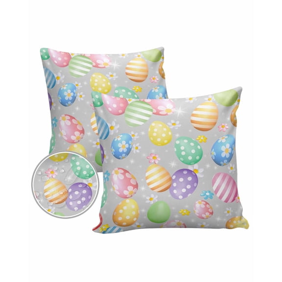 Pack of 2 Outdoor Pillow Covers, Spring Easter Color Eggs with Flowers Gray Waterproof Square Throw Pillowcase Cushion Decorative Pillow Covers for Couch Patio Tent, 20x20 in