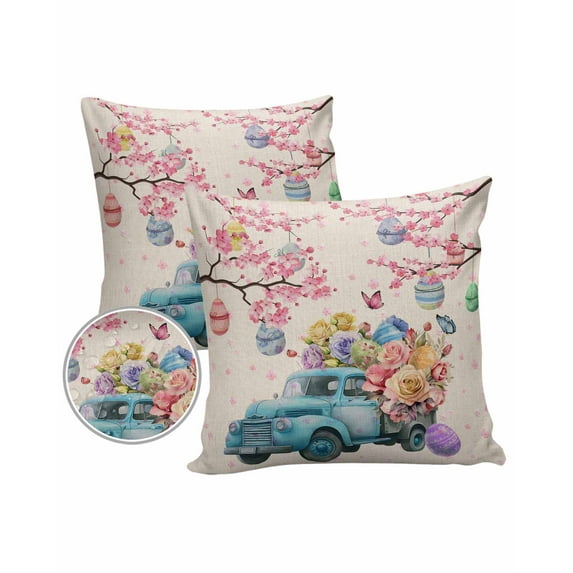 Pack of 2 Outdoor Pillow Covers, Spring Easter Truck Load of Rose and Color Egg Waterproof Square Throw Pillowcase Cushion Decorative Pillow Covers for Couch Patio Tent, 18x18 in