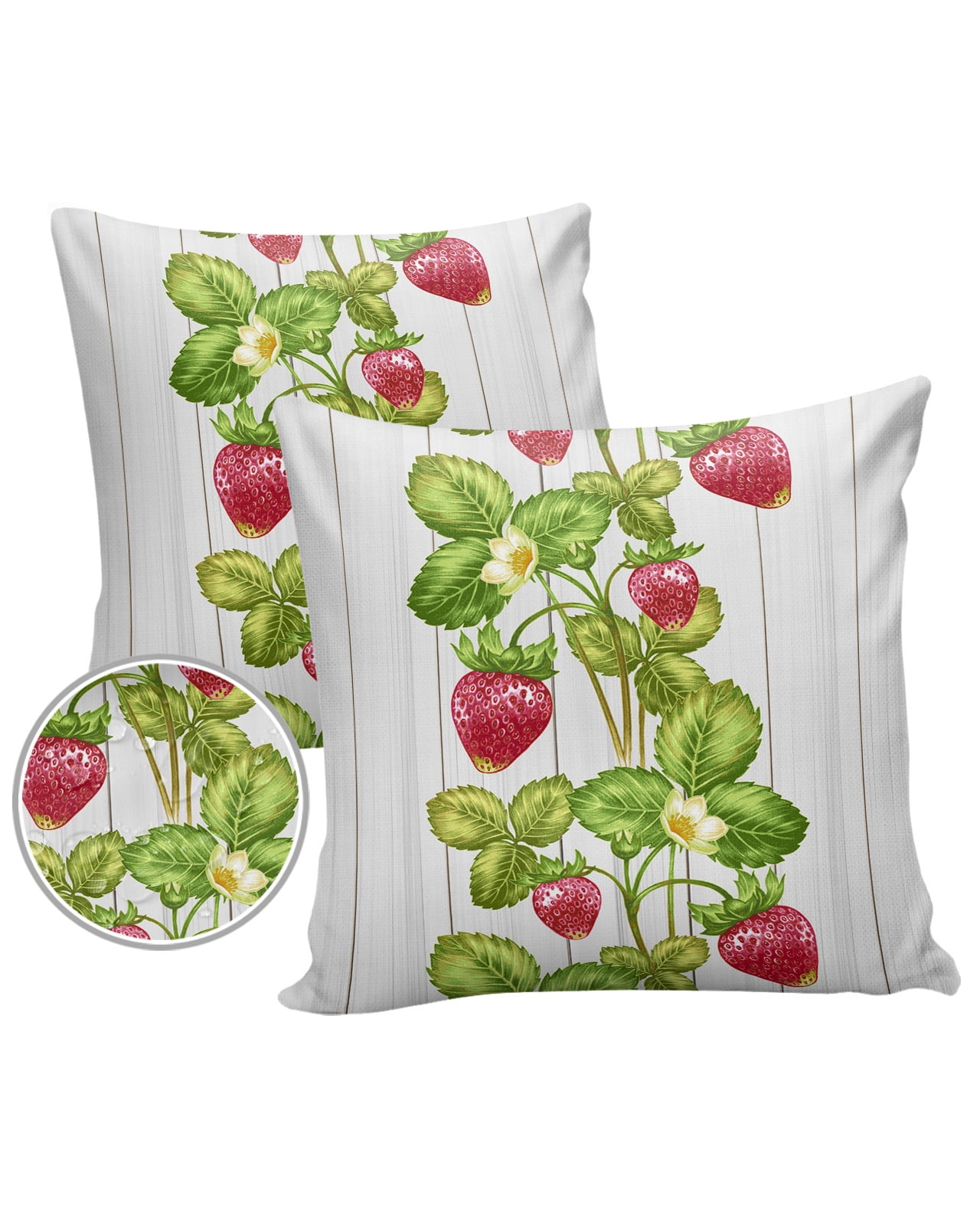 Pack of 2 Outdoor Pillow Covers, Spring Strawberry Plants Retro Illustration Wood Grain Waterproof Square Throw Pillowcase Cushion Decorative Pillow Covers for Couch Patio Tent, 18x18 in