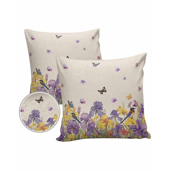 Pack of 2 Outdoor Pillow Covers, Spring Watercolor Purple Iris with Butterfly Beige Waterproof Square Throw Pillowcase Cushion Decorative Pillow Covers for Couch Patio Tent, 20x20 in
