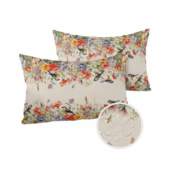 Pack of 2 Outdoor Pillow Covers, Spring Watercolor Wild Flowers Floral with Birds Beige Waterproof Square Throw Pillowcase Cushion Decorative Pillow Covers for Couch Patio Tent, 20x12 in