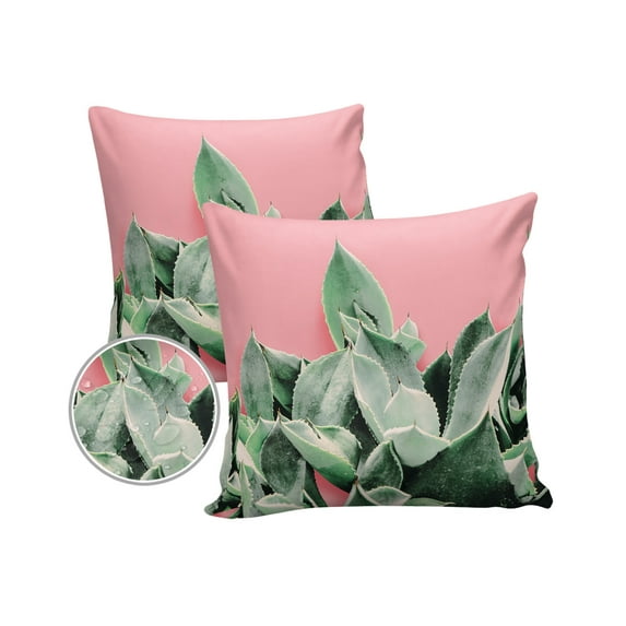 Pack of 2 Outdoor Pillow Covers, Succulents Plants Pink Background Waterproof Square Throw Pillowcase Cushion Decorative Pillow Covers for Couch Patio Tent, 18x18 in