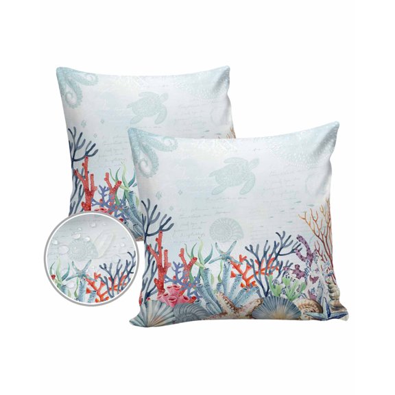 Pack of 2 Outdoor Pillow Covers, Summer Blue Coral Seagrass Shell Conch Starfish Sea Life Waterproof Square Throw Pillowcase Cushion Decorative Pillow Covers for Couch Patio Tent, 26x26 in