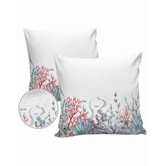 Pack of 2 Outdoor Pillow Covers, Summer Coral Seagrass Shell Conch Starfish Sea Life Waterproof Square Throw Pillowcase Cushion Decorative Pillow Covers for Couch Patio Tent, 24x24 in