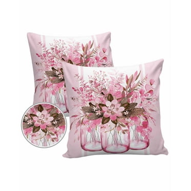 Pack of 2 Outdoor Pillow Covers, Summer Flowers Eucalyptus Plants Glass Vase Pink Striped Waterproof Square Throw Pillowcase Cushion Decorative Pillow Covers for Couch Patio Tent, 24x24 in