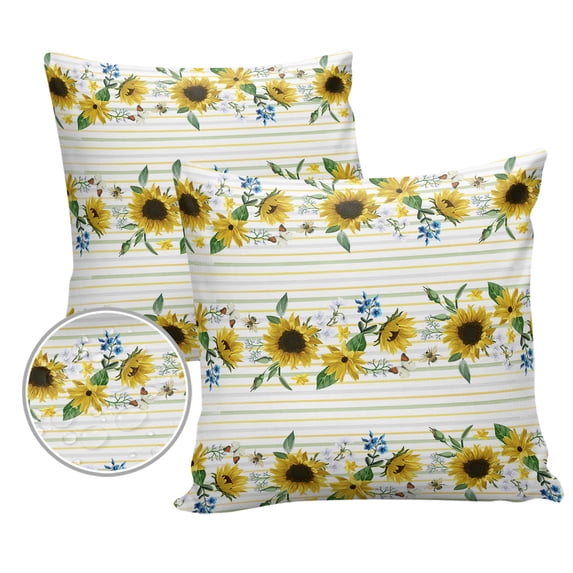 Pack of 2 Outdoor Pillow Covers, Summer Lemon Leaves Butterfly Colorful Stripes Waterproof Square Throw Pillowcase Cushion Decorative Pillow Covers for Couch Patio Tent, 18x18 in