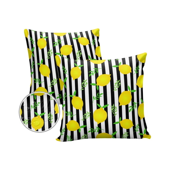 Pack of 2 Outdoor Pillow Covers, Summer Lemon White and Black Striped Background Waterproof Square Throw Pillowcase Cushion Decorative Pillow Covers for Couch Patio Tent, 26x26 in