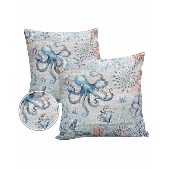 Pack of 2 Outdoor Pillow Covers, Summer Ocean Octopus Seashell Starfish Coral Wood Grain Waterproof Square Throw Pillowcase Cushion Decorative Pillow Covers for Couch Patio Tent, 24x24 in