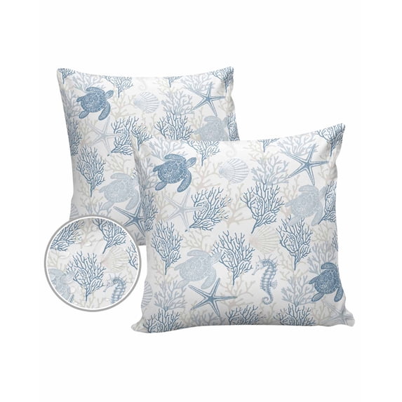 Pack of 2 Outdoor Pillow Covers, Summer Ocean Ombre Blue Coral and Turtle Waterproof Square Throw Pillowcase Cushion Decorative Pillow Covers for Couch Patio Tent, 20x20 in