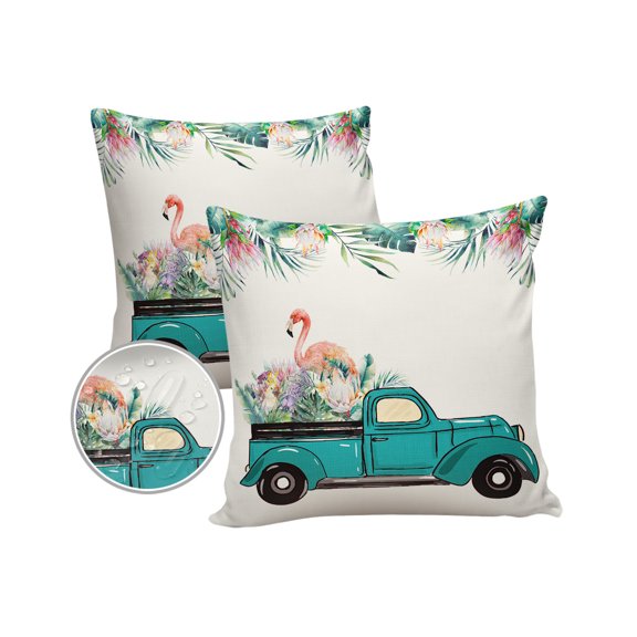 Pack of 2 Outdoor Pillow Covers, Summer Protea Flower Flamingo Waterproof Square Throw Pillowcase Cushion Decorative Pillow Covers for Couch Patio Tent, 18x18 in