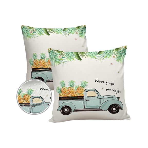 Pack of 2 Outdoor Pillow Covers, Summer Rural Farm Pineapple Truck Tropical Plam Leaves Waterproof Square Throw Pillowcase Cushion Decorative Pillow Covers for Couch Patio Tent, 16x16 in