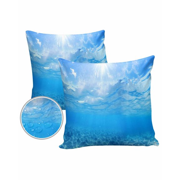 Pack of 2 Outdoor Pillow Covers, Summer Sea Water Blue Ocean Waves Sunshine Waterproof Square Throw Pillowcase Cushion Decorative Pillow Covers for Couch Patio Tent, 26x26 in