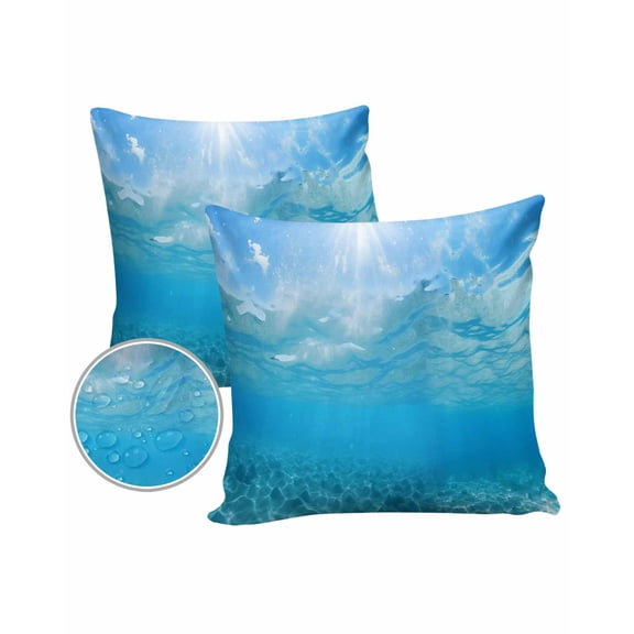 Pack of 2 Outdoor Pillow Covers, Summer Sea Water Blue Teal Ocean Waves Sunshine Waterproof Square Throw Pillowcase Cushion Decorative Pillow Covers for Couch Patio Tent, 24x24 in