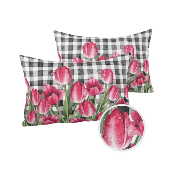 Pack of 2 Outdoor Pillow Covers, Summer Spring Vintage Flowers Tulips Black White Plaid Waterproof Square Throw Pillowcase Cushion Decorative Pillow Covers for Couch Patio Tent, 20x12 in