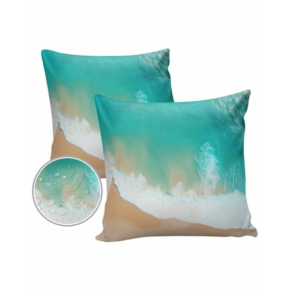 Pack of 2 Outdoor Pillow Covers, Summer Teal Ocean Beach Pattern Waterproof Square Throw Pillowcase Cushion Decorative Pillow Covers for Couch Patio Tent, 16x16 in