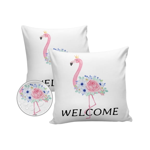Pack of 2 Outdoor Pillow Covers, Summer Theme Pink Flamingo with Rose Waterproof Square Throw Pillowcase Cushion Decorative Pillow Covers for Couch Patio Tent, 24x24 in