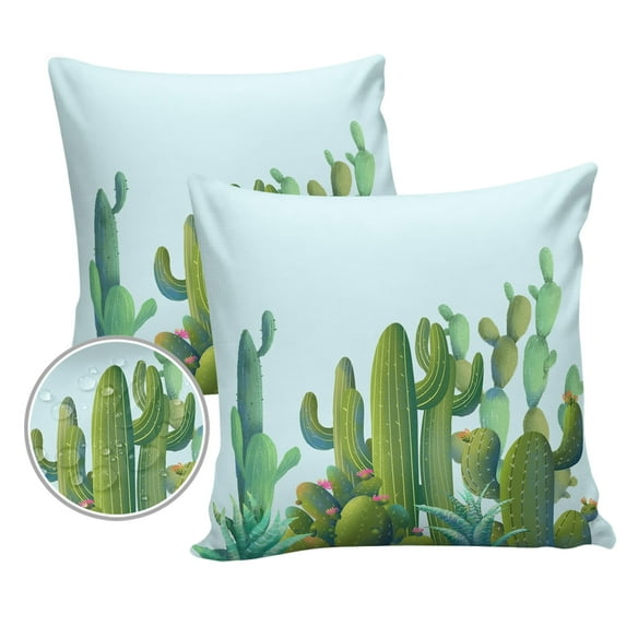 Pack of 2 Outdoor Pillow Covers, Summer Tropical Cactus Succulent Plants Blue Waterproof Square Throw Pillowcase Cushion Decorative Pillow Covers for Couch Patio Tent, 18x18 in