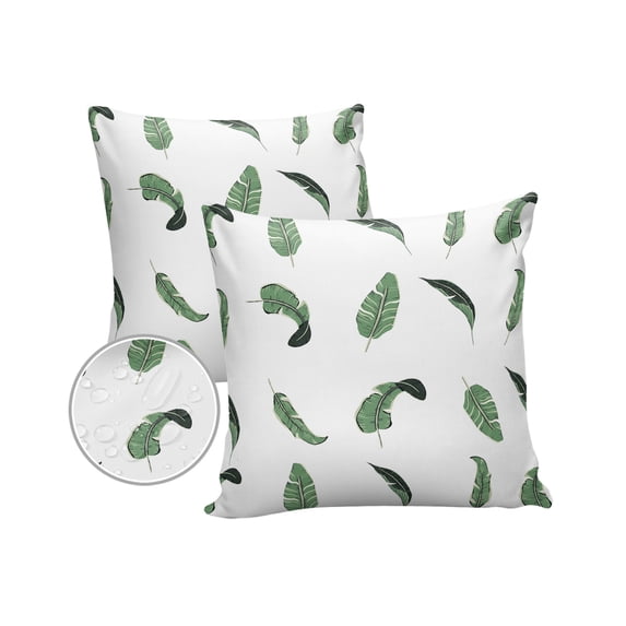 Pack of 2 Outdoor Pillow Covers, Summer Tropical Plants Green Palm Leaves Banana Leaves Waterproof Square Throw Pillowcase Cushion Decorative Pillow Covers for Couch Patio Tent, 24x24 in