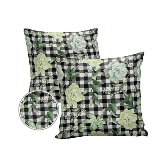 Pack of 2 Outdoor Pillow Covers, Summer Tropical Succulent Plants Black White Buffalo Plaid Waterproof Square Throw Pillowcase Cushion Decorative Pillow Covers for Couch Patio Tent, 20x20 in