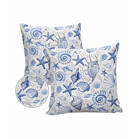 Pack of 2 Outdoor Pillow Covers, Summer Vintage Ocean Blue Starfish Conch Shell Waterproof Square Throw Pillowcase Cushion Decorative Pillow Covers for Couch Patio Tent, 16x16 in
