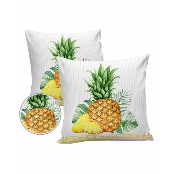 Pack of 2 Outdoor Pillow Covers, Summer Watercolor Pineapple with Palm Leaves Waterproof Square Throw Pillowcase Cushion Decorative Pillow Covers for Couch Patio Tent, 16x16 in
