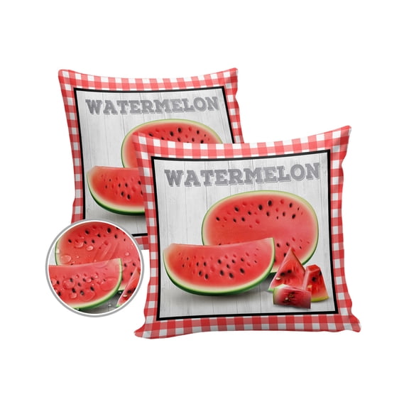 Pack of 2 Outdoor Pillow Covers, Summer Watermelon Red Plaid Wood Grain Waterproof Square Throw Pillowcase Cushion Decorative Pillow Covers for Couch Patio Tent, 16x16 in