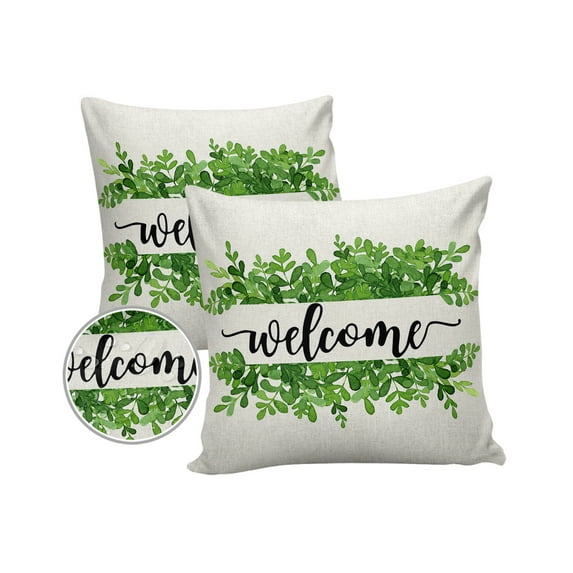 Pack of 2 Outdoor Pillow Covers, Summer Welcome Green Watercolor Plant Burlap Waterproof Square Throw Pillowcase Cushion Decorative Pillow Covers for Couch Patio Tent, 26x26 in