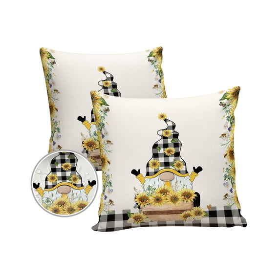 Pack of 2 Outdoor Pillow Covers, Sunflower Gnome Black White Plaid Rural Waterproof Square Throw Pillowcase Cushion Decorative Pillow Covers for Couch Patio Tent, 20x20 in