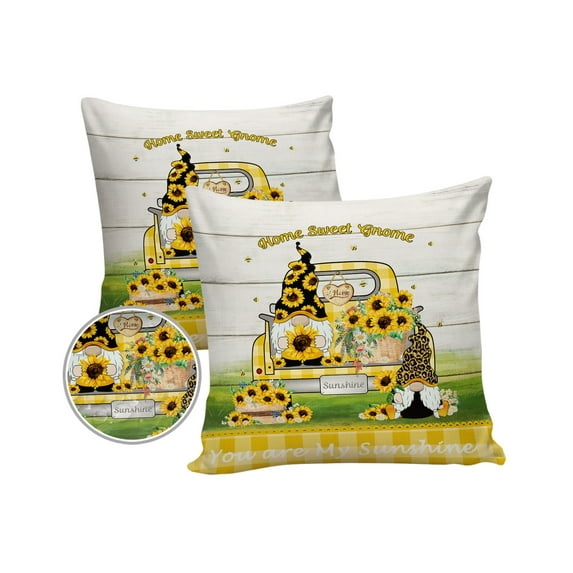 Pack of 2 Outdoor Pillow Covers, Sunflower Gnome Truck Yellow Plaid Wood Grain Waterproof Square Throw Pillowcase Cushion Decorative Pillow Covers for Couch Patio Tent, 20x20 in