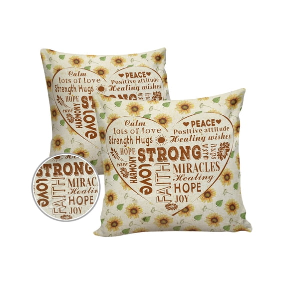 Pack of 2 Outdoor Pillow Covers, Sunflower Love Healing Text Get Well Soon Positive Energy Waterproof Square Throw Pillowcase Cushion Decorative Pillow Covers for Couch Patio Tent, 24x24 in