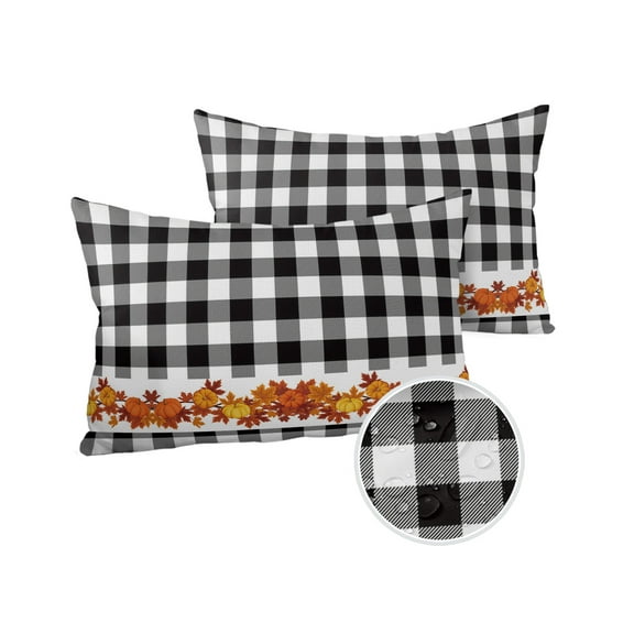 Pack of 2 Outdoor Pillow Covers, Sunflower Maple Leaves Black White Plaid Fall Waterproof Square Throw Pillowcase Cushion Decorative Pillow Covers for Couch Patio Tent, 20x12 in