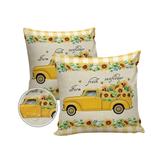 Pack of 2 Outdoor Pillow Covers, Sunflower Vintage Truck Yellow Buffalo Plaid Farm Waterproof Square Throw Pillowcase Cushion Decorative Pillow Covers for Couch Patio Tent, 24x24 in