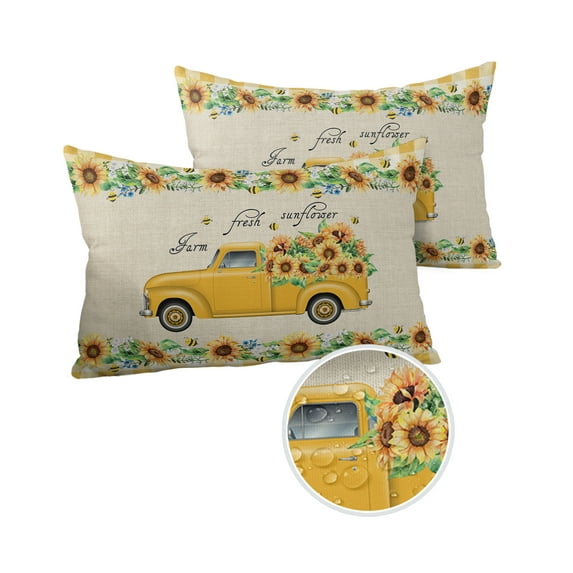Pack of 2 Outdoor Pillow Covers, Sunflower Vintage Truck Yellow Buffalo Plaid Farm Waterproof Square Throw Pillowcase Cushion Decorative Pillow Covers for Couch Patio Tent, 20x12 in
