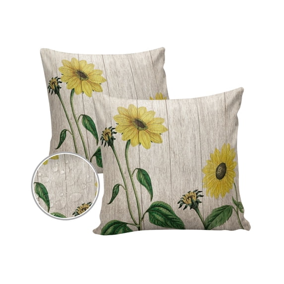 Pack of 2 Outdoor Pillow Covers, Sunflower on Wooden Board Waterproof Square Throw Pillowcase Cushion Decorative Pillow Covers for Couch Patio Tent, 20x20 in