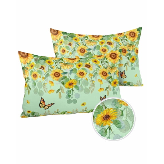 Pack of 2 Outdoor Pillow Covers, Sunflowers Eucalyptus Butterfly Floral Watercolor Green Waterproof Square Throw Pillowcase Cushion Decorative Pillow Covers for Couch Patio Tent, 20x12 in
