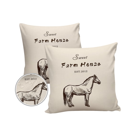 Pack of 2 Outdoor Pillow Covers, Sweet Farm House Horse Waterproof Square Throw Pillowcase Cushion Decorative Pillow Covers for Couch Patio Tent, 20x20 in