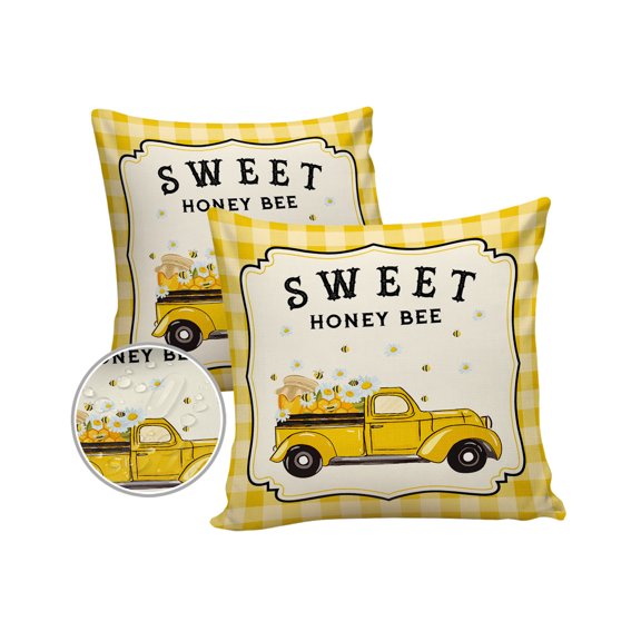 Pack of 2 Outdoor Pillow Covers, Sweet Honey Bee Truck Pull Bees Flowers on Yellow Buffalo Plaid Waterproof Square Throw Pillowcase Cushion Decorative Pillow Covers for Couch Patio Tent, 16x16 in